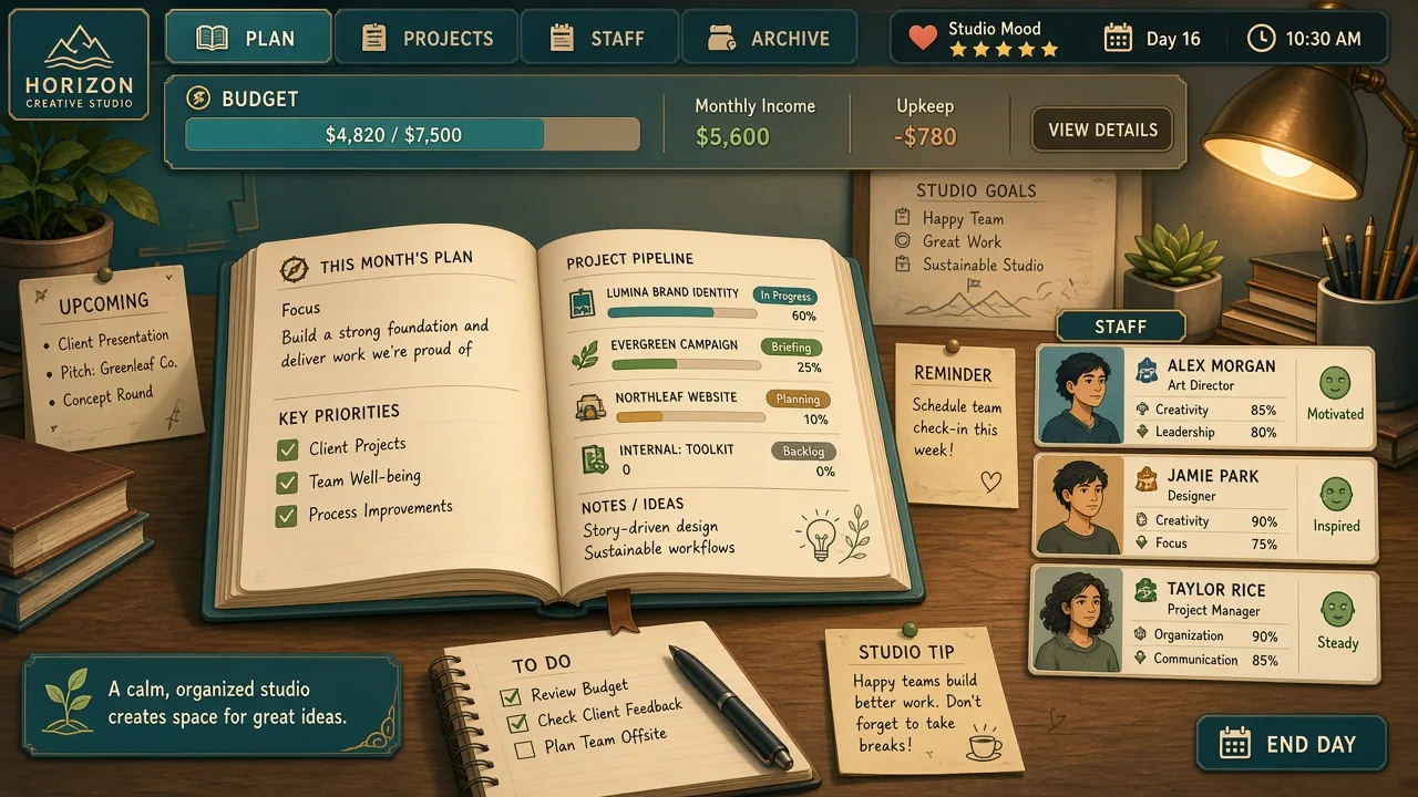 Gameplay scene: studio desk with open ledger and project pins