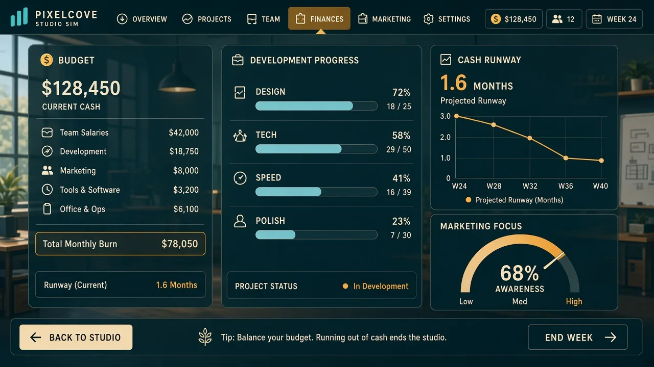 Gameplay scene: budget panel beside a development progress bar