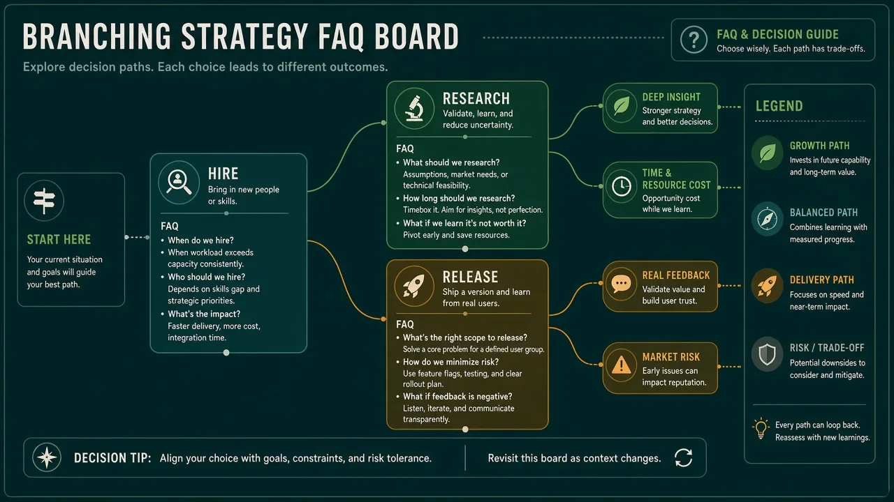 Gameplay scene: branching strategy board of studio decisions