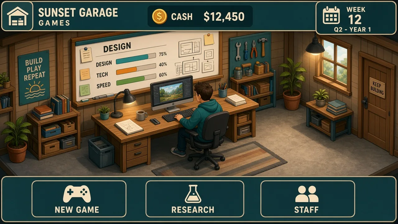 Gameplay scene: studio desk with project board and budget meter