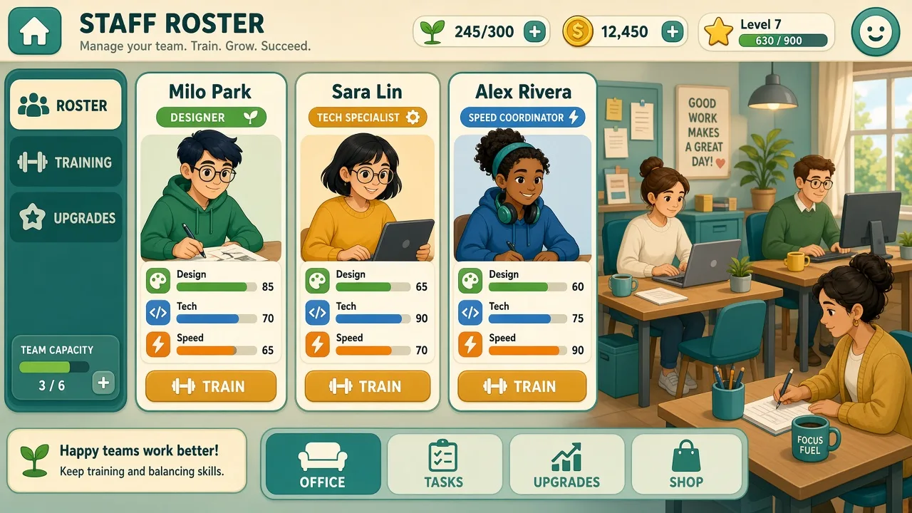 Gameplay scene: staff pacing and workload notes