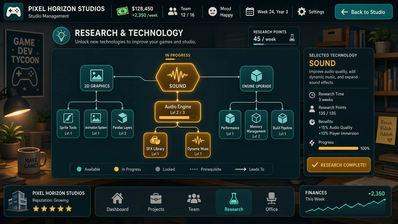Gameplay scene: research tree with platform unlock nodes