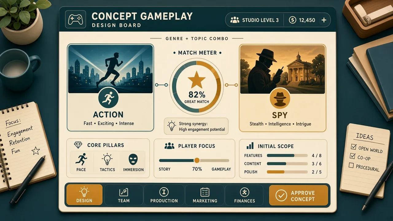 Gameplay scene: genre and topic combo cards on a design board