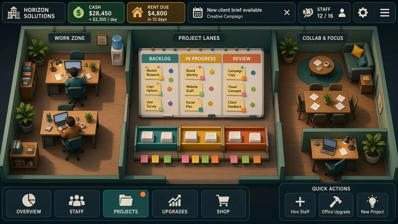 Gameplay scene: office expansion layout with desks and project lanes